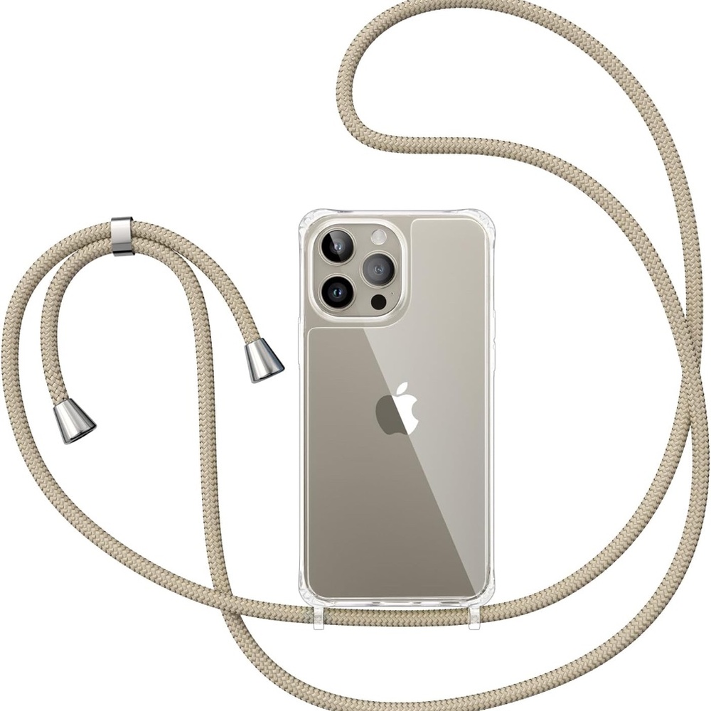 iPhone 15 Pro Max, Clear Case, Adjustable Lanyard, Crossbody Case, color Khaki